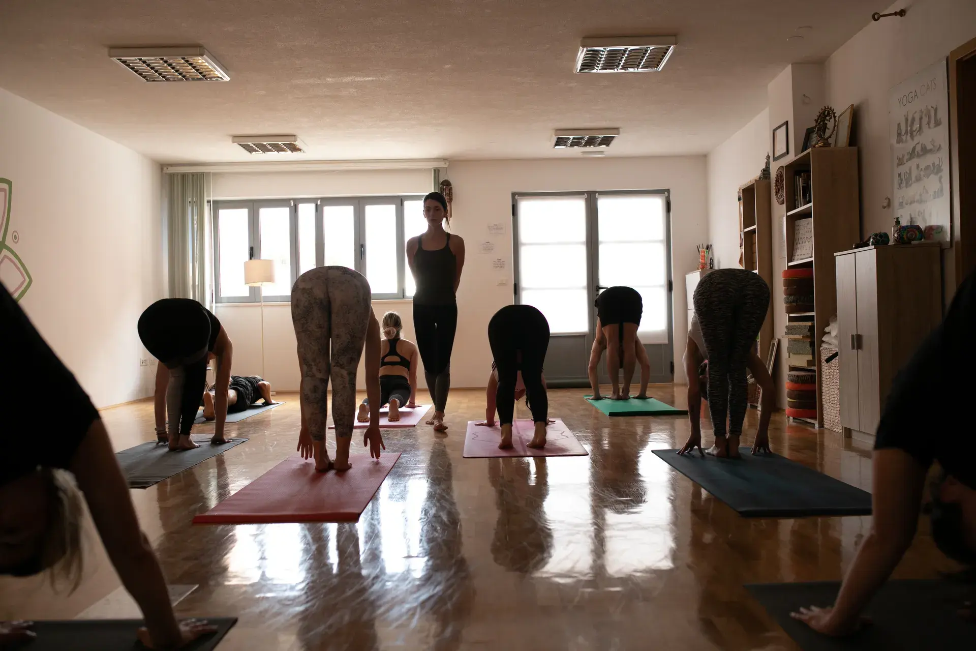 Group yoga session in sunlit studio